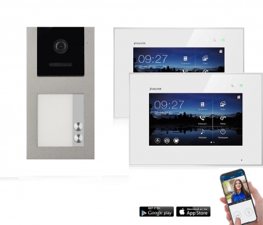 BALTER EVO Aufputz Video Türsprechanlage 2-Draht BUS für 2-Familienhaus  2 x 7" WiFi Touchscreen Monitor und Hauptstromverteiler