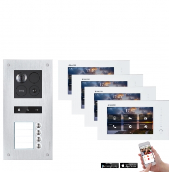 Video Türsprechanlage mit Smartphone App für 4 Familienhaus mit Bewegungsmelder, 4x Monitore, Balter ERA WLAN