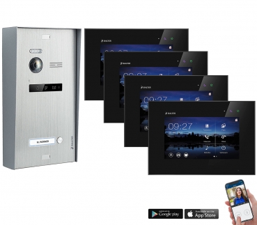 Aufputz WLAN Video Türsprechanlage BALTER EVO 2-Draht BUS für 1-Familienhaus mit 4x Touchscreen 7 Zoll Monitor in Schwarz